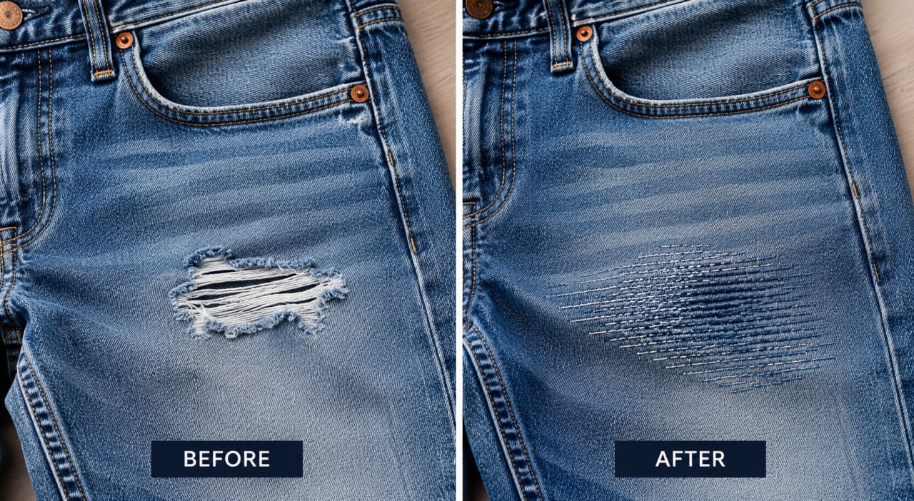 Before and after denim repair showing a torn jean patch restored with visible stitching